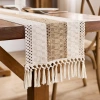 Nordic-style cotton and linen table flag, color block knot, hollowed-out tassels, living room TV cabinet, coffee table, tea setting, long strip decorative tablecloth details Picture